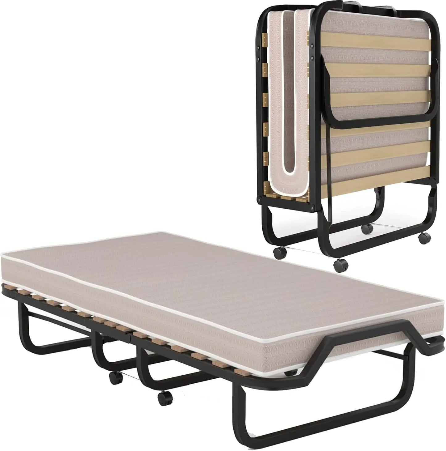 Folding Bed with 4 Inch Mattress, Foldable Rollaway Bed with Memory Foam Mattress for Adults, Portable Fold Up Guest Bed