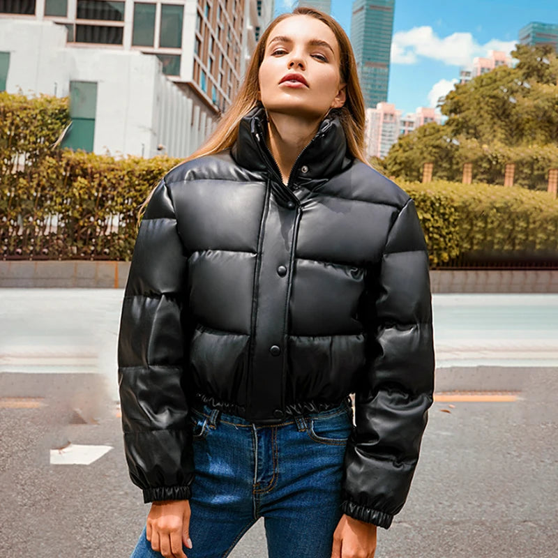 Winter Warm Thick PU Leather Coats Women Short Parkas Fashion Black Cotton Padded Lady Down Jacket Elegant Zipper Clothes 2025