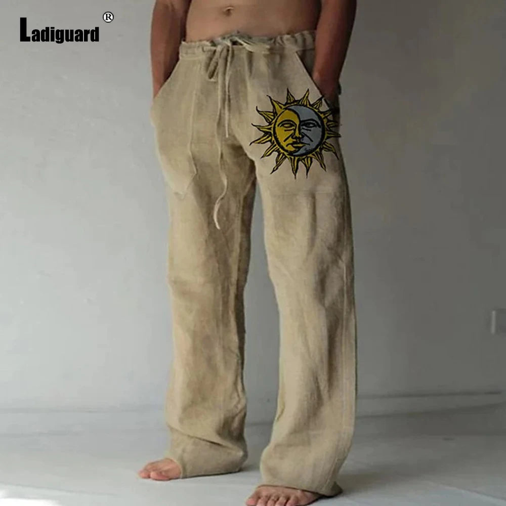 Plus Size 5xl Mens Loose Pants 2025 Summer Casual Linen Pants Male Fashion Print Trouser Men Patchwork Drawstring Leisure Pant