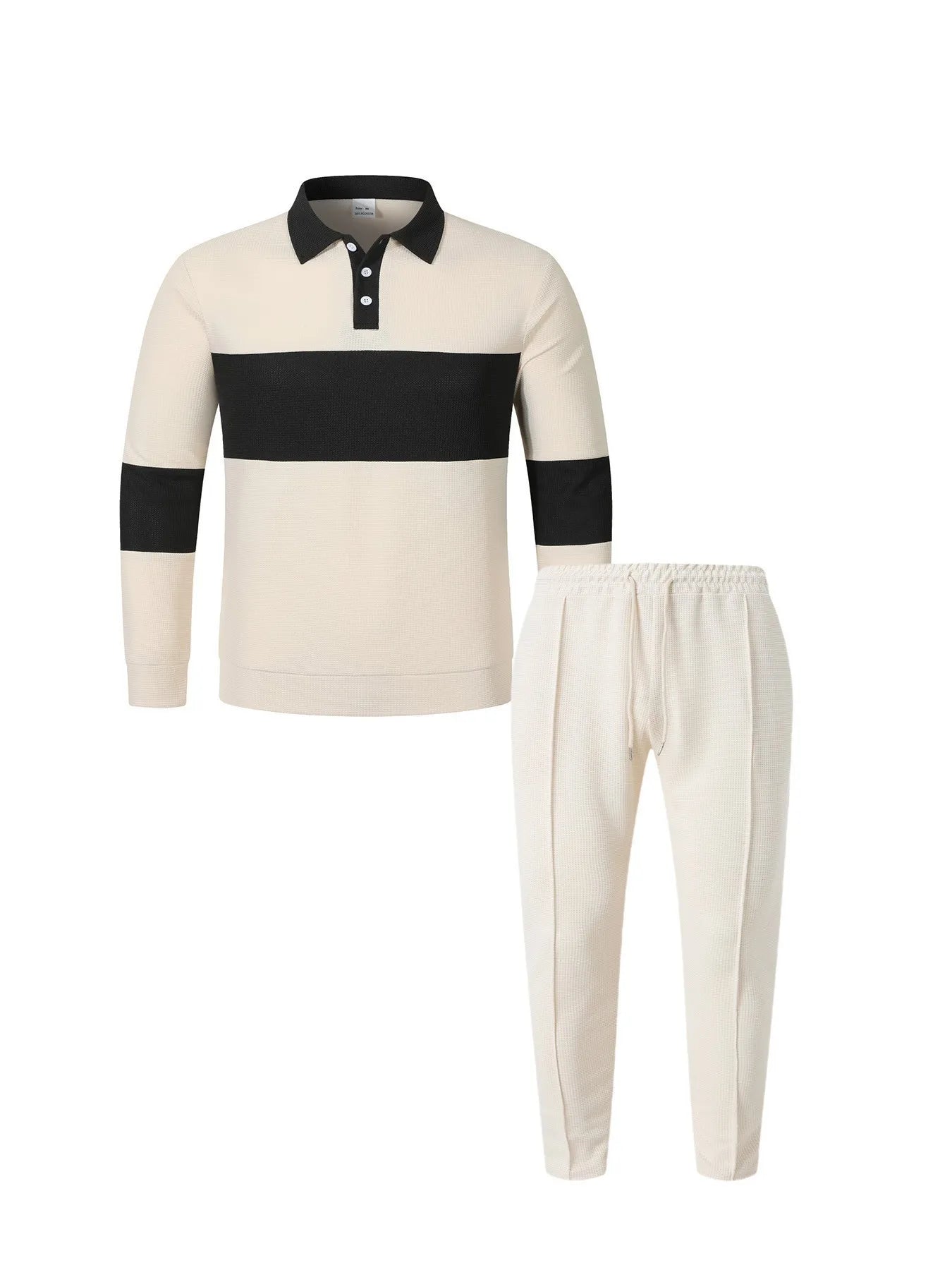 Men's Fashion 2-Piece Outfit Waffle Knit Polo Neck Top & Straight Leg Pants Set Casual Sporty Color Block Tracksuit