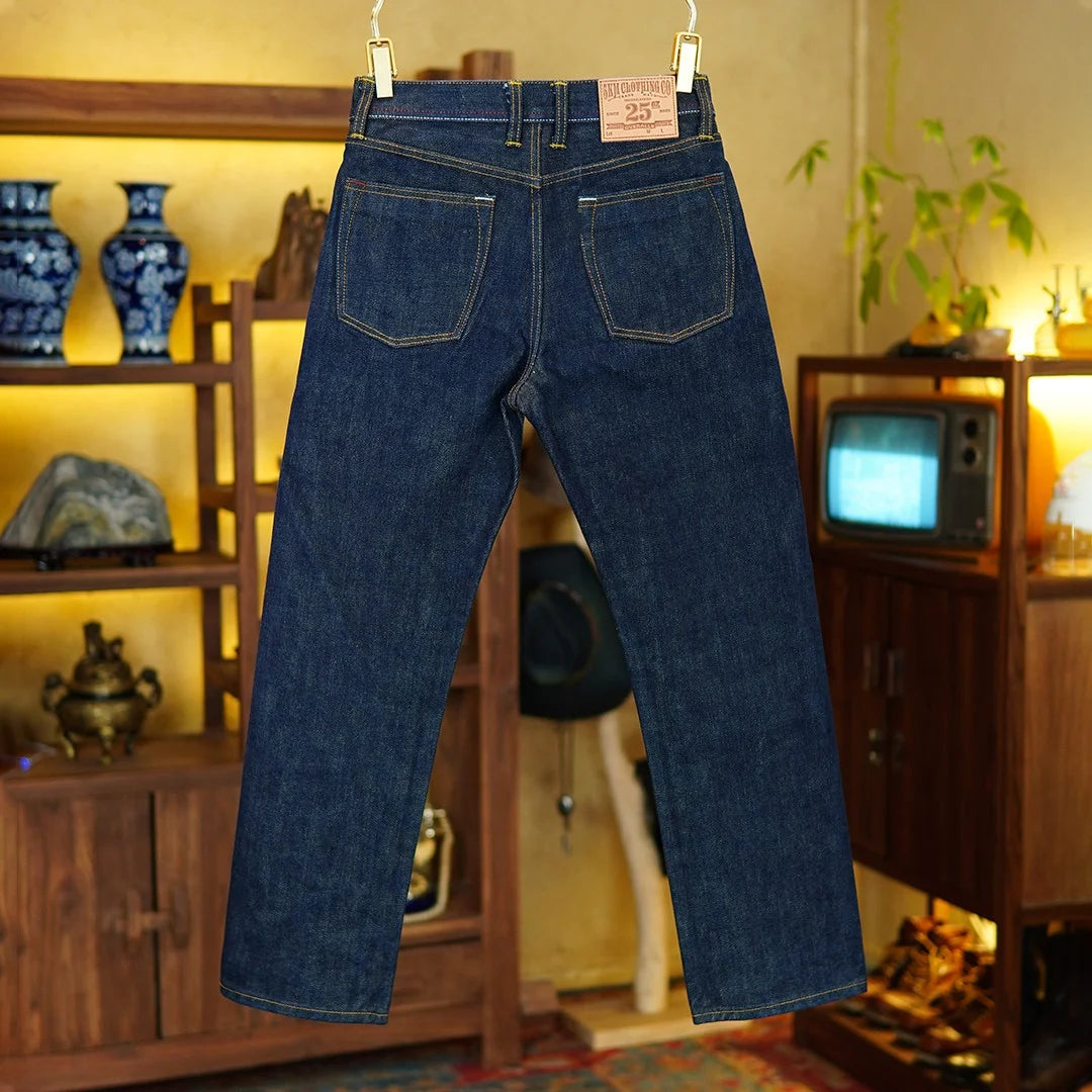 Heavyweight 25oz Red Selvedge Denim Jeans for Men American Vintage Casual 100% Pure Cotton Regular Straight Trousers 5KM Winter