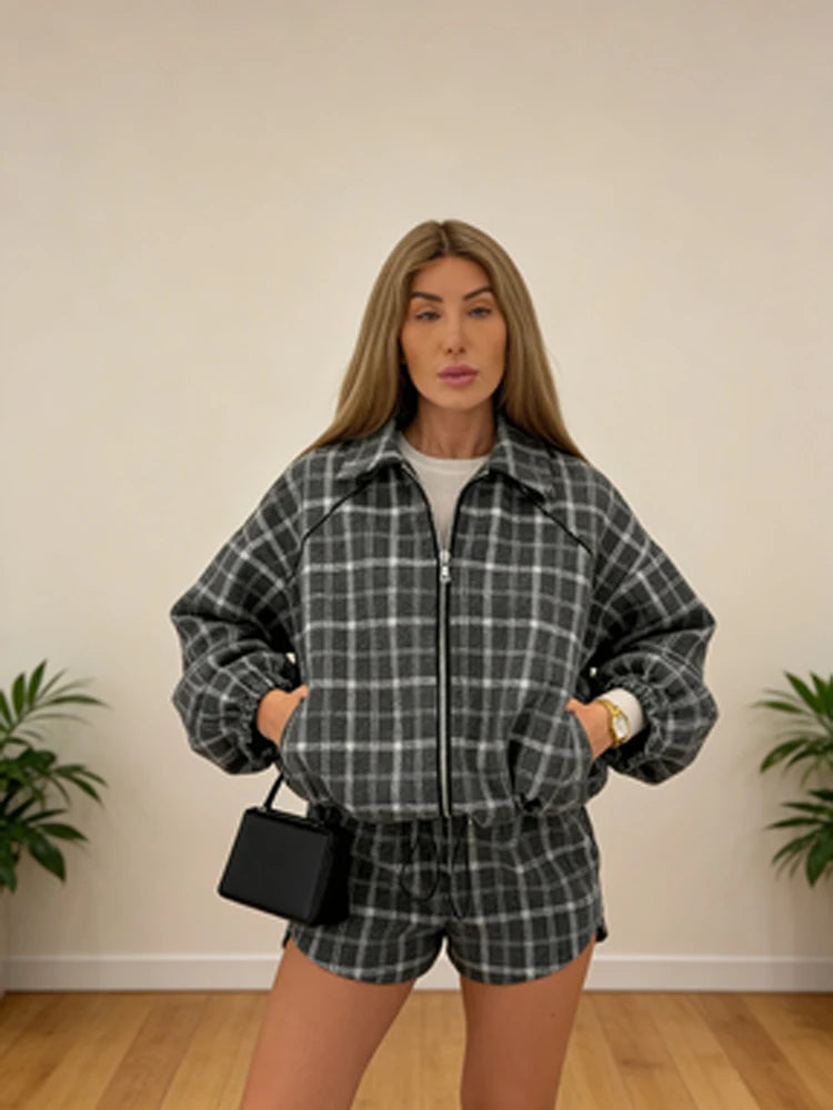 Casual Plaid Shorts Set Women Fashion Lapel Long-sleeved Zipper Jacket Short Pants Suit 2026 Lady Spring New Daily Street Outfit