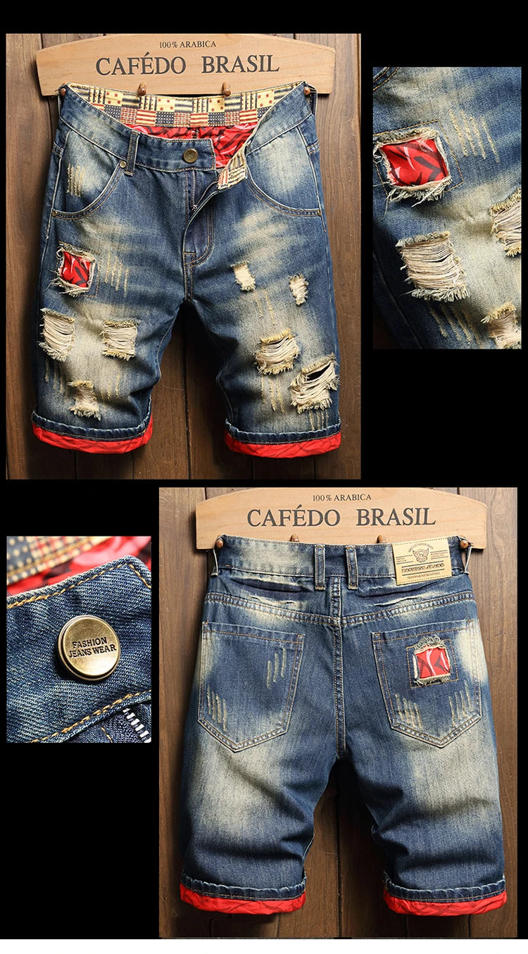 2025 Summer Ripped Denim Shorts Men's Loose Splicing Knee-length Casual Short Jeans Personality Streetwear Hip Hop Male Clothes