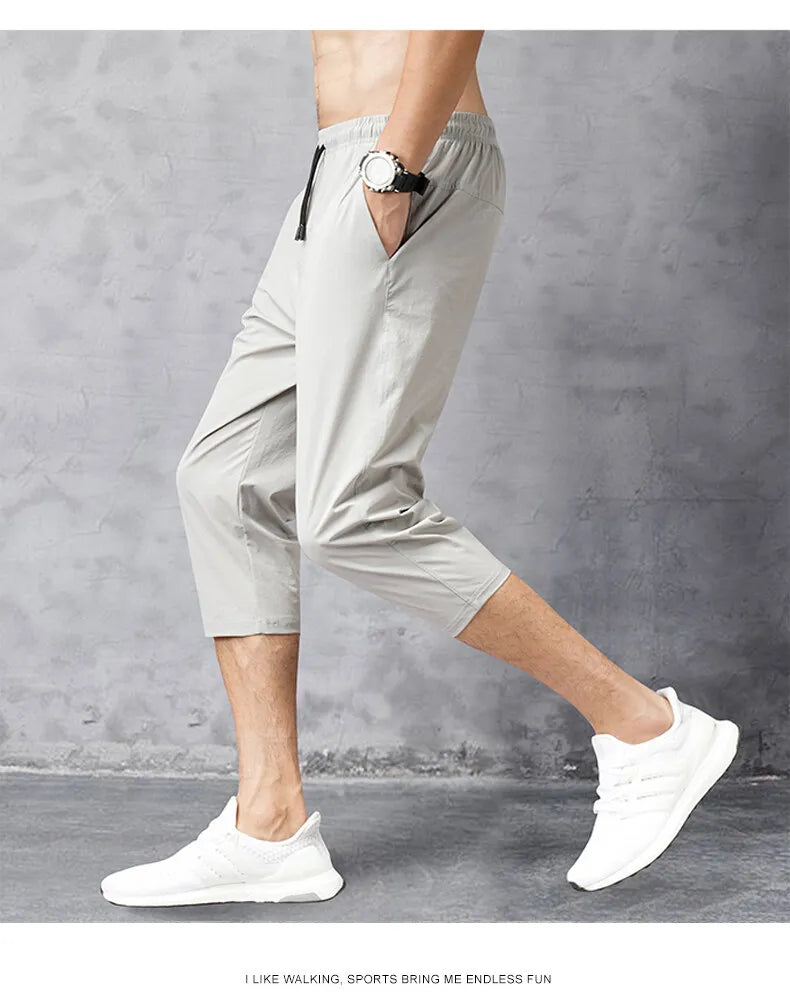 8XL 3/4 Length Men's Shorts Quick Drying Ice Silk Sport Shorts Summer Breeches Long Calf Bermuda Board Beach Elastic Big Size