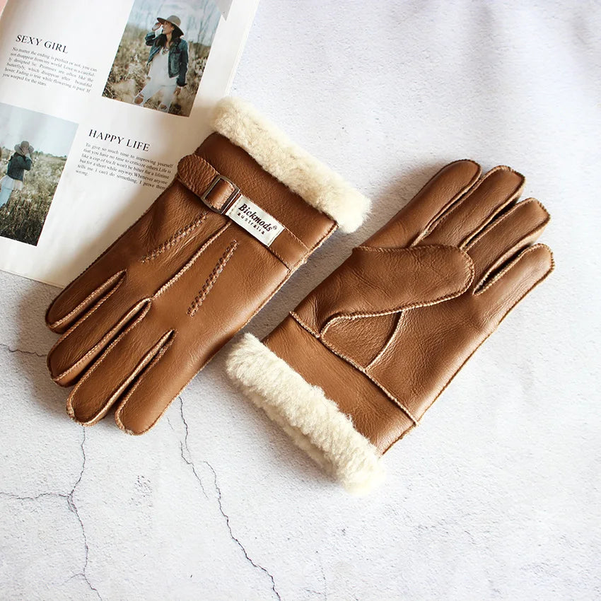 Sheepskin Fur Gloves Men's Thick Winter Warm Large Size Outdoor Windproof Cold Hand Stitching Sewn Leather Finger Gloves