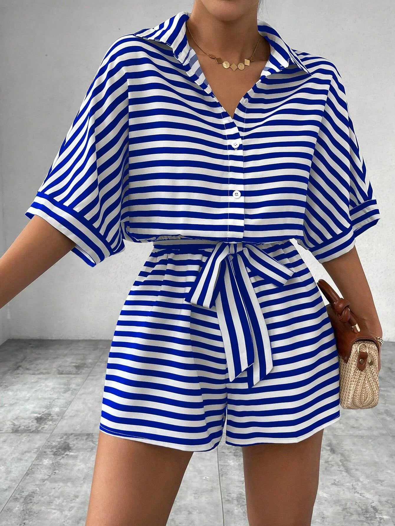 Summer New Set For Women's Casual Loose Comfortable Outfit Fashion Striped Batwing Sleeve Shirt Top+ Shorts 2-piece Sets Woman