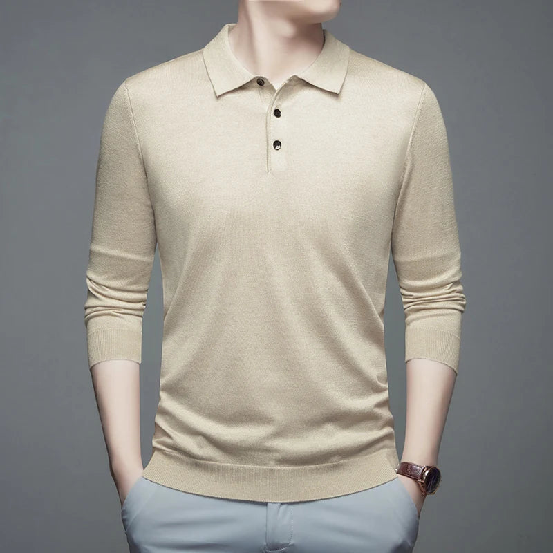 Men's Fine Wool Sweater Polo Collar Pullover Spring Autumn New Cashmere Knitwear Smart Casual Loose Men's Shirts Warm Soft Tops