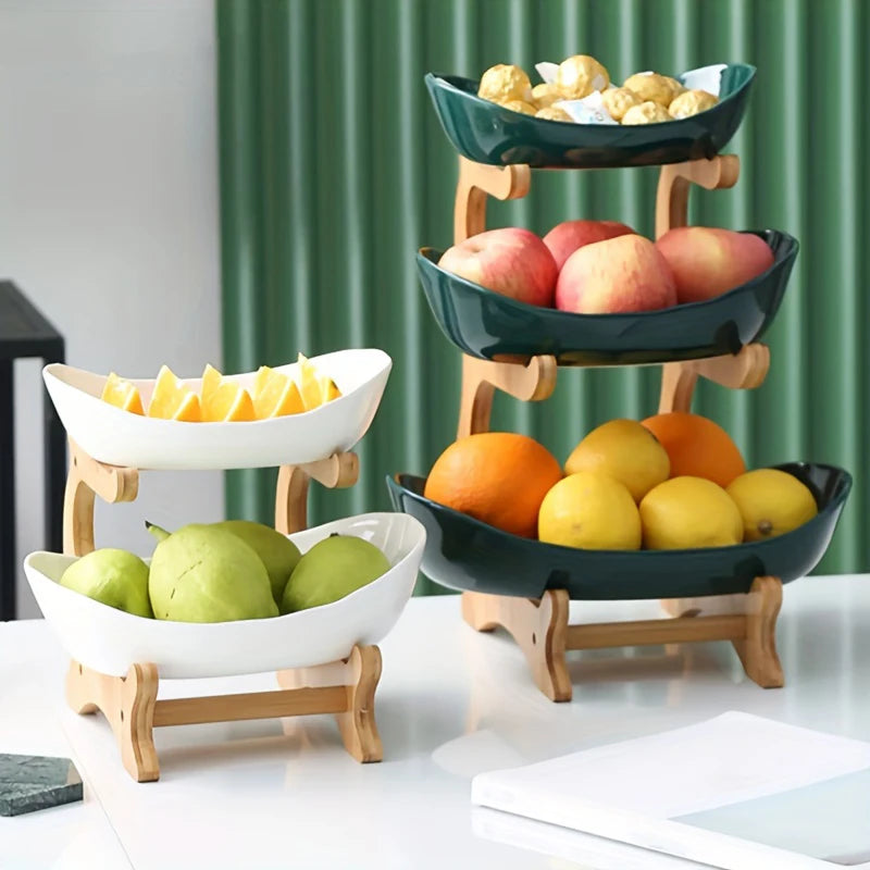 Partitioned Wooden Serving Tray, Natural Bamboo Snack & Fruit Platter for Kitchen Table, Perfect for Party, Family, Housewarming