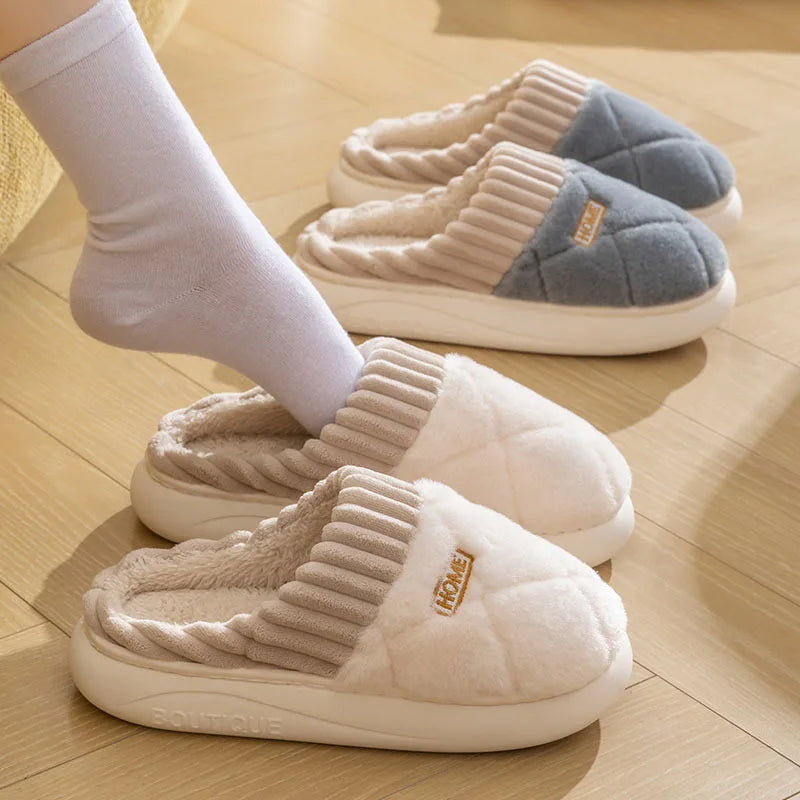 Home Couple Slippers Autumn Winter Warm Anti-slip Indoor Plush Soft Shoes Comfortable Cotton Thicken Sleeping Slippers Woman Men
