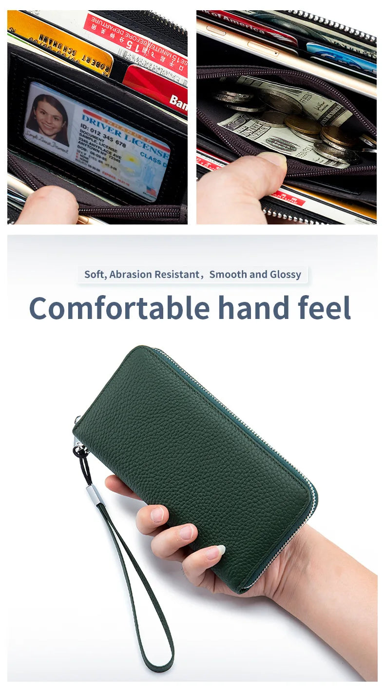 RFID Function Wallet for Women Geniune Leather Luxury Design Long Zipper Handbags Cowhide Card Bags Female Fashion Purse