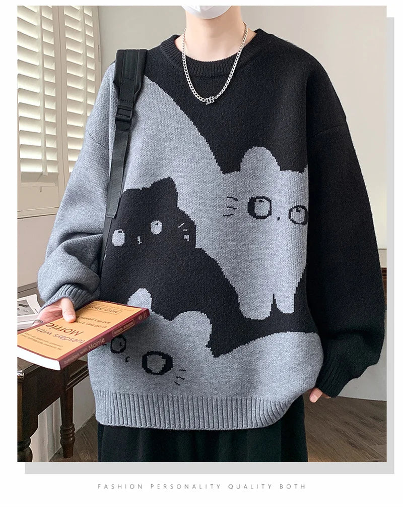 Winter Men's Anime Cat Jacquard Crewneck Knitted Sweaters Hip Hop Fashion Graphic Printed Y2K Jumpers Streetwear Knit Pullovers