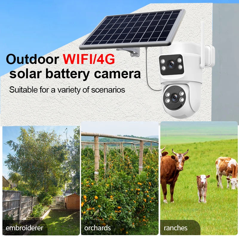 Hongnaer 8MP Dual Lens 4K Wireless WiFi/4G Sim Card Solar Powered Panel IP PTZ Outdoor WiFi Security CCTV Solar Camera
