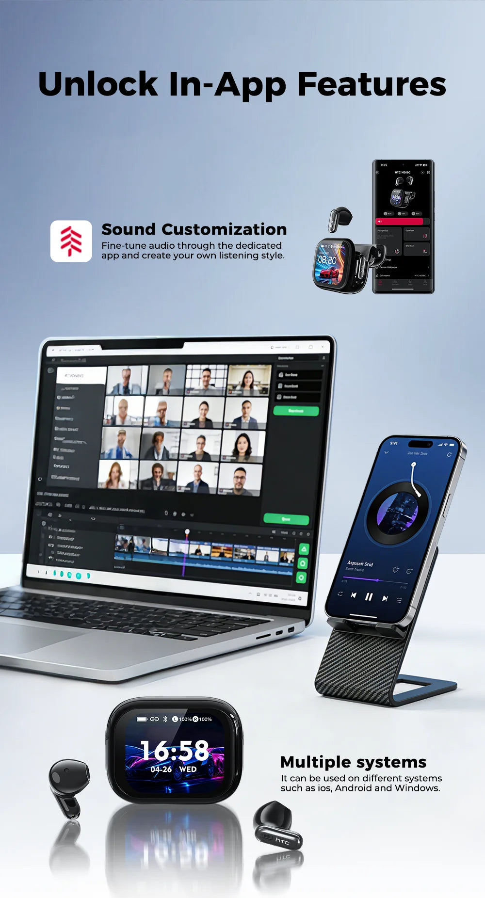 New 2026 HTC NE68 Bluetooth 6.0 Wireless Headphones AI Translation Earphones Long Battery Life Upgrade Free Translator APP