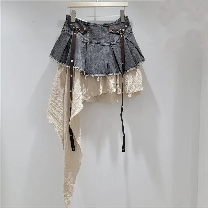 EAM Color-block Irregular Spliced High Elastic Waist A-line Mini Denim Skirt Women Fashion Tide New Spring Autumn 2026 30A3307