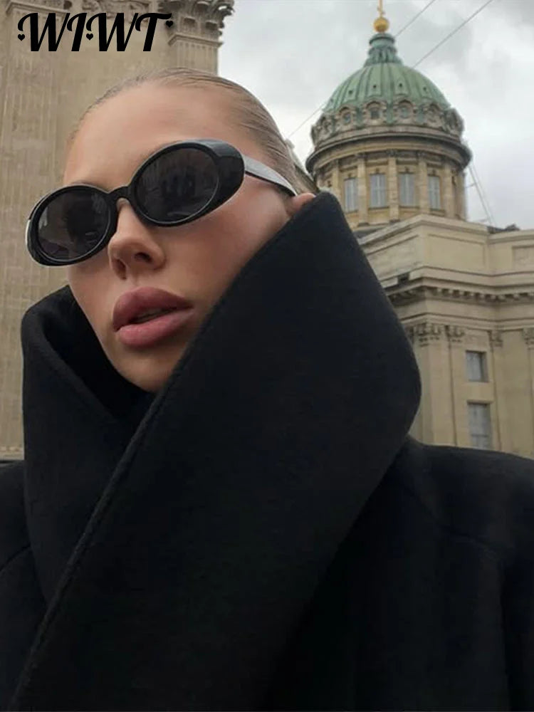 Black Stand Collar Woolen Coats Women's High Street Buttons Full Sleeve Short Overcoats 2026 Spring New Female Solid Outwear