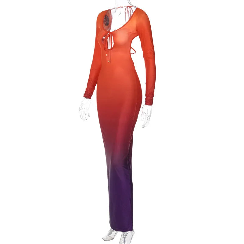 Sexy Front Chest Hollow Out Gradient Slim Bodycon Maxi Dress Women Cross Strap Backless Skinny Evening Dress Club Party Vestidos