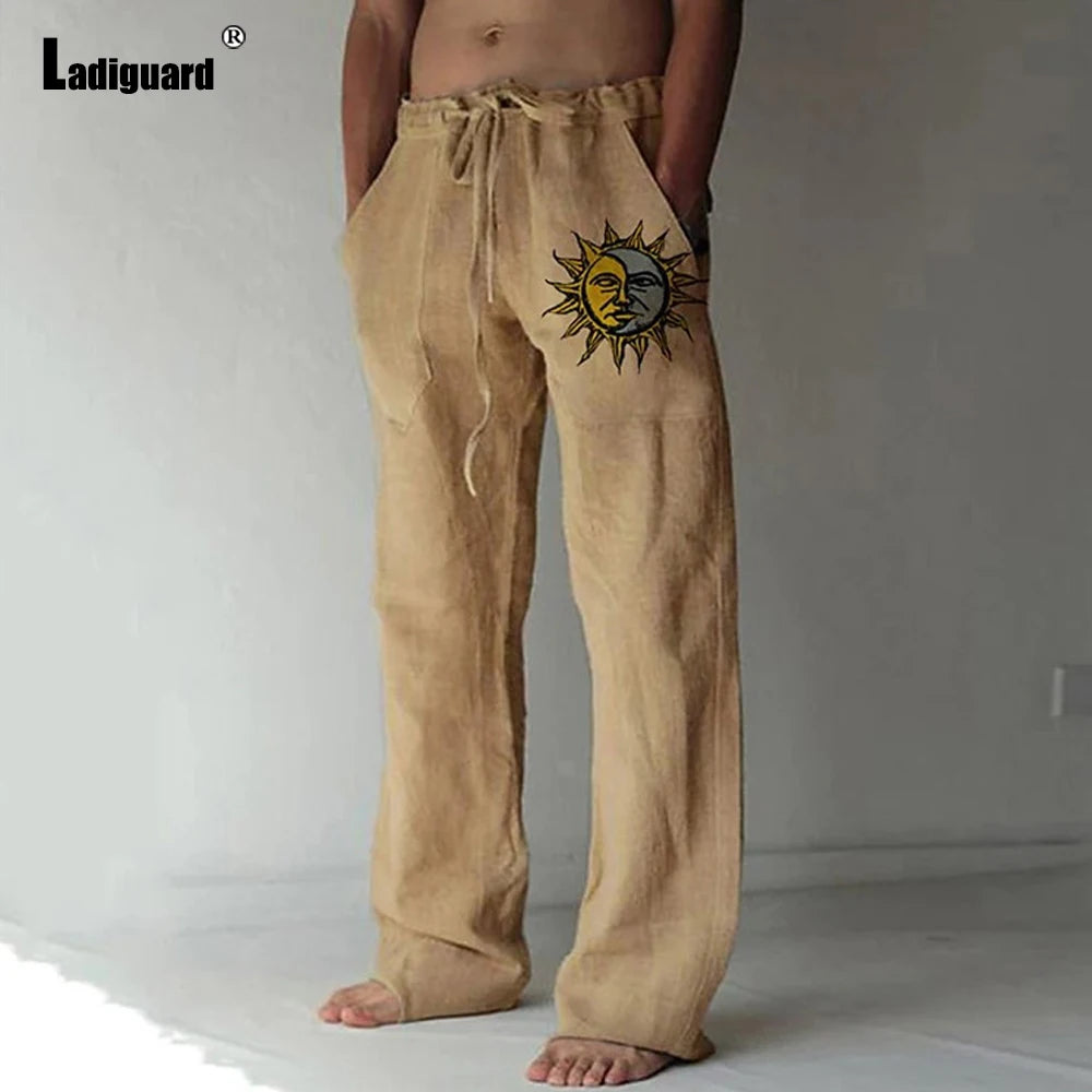 Plus Size 5xl Mens Loose Pants 2025 Summer Casual Linen Pants Male Fashion Print Trouser Men Patchwork Drawstring Leisure Pant