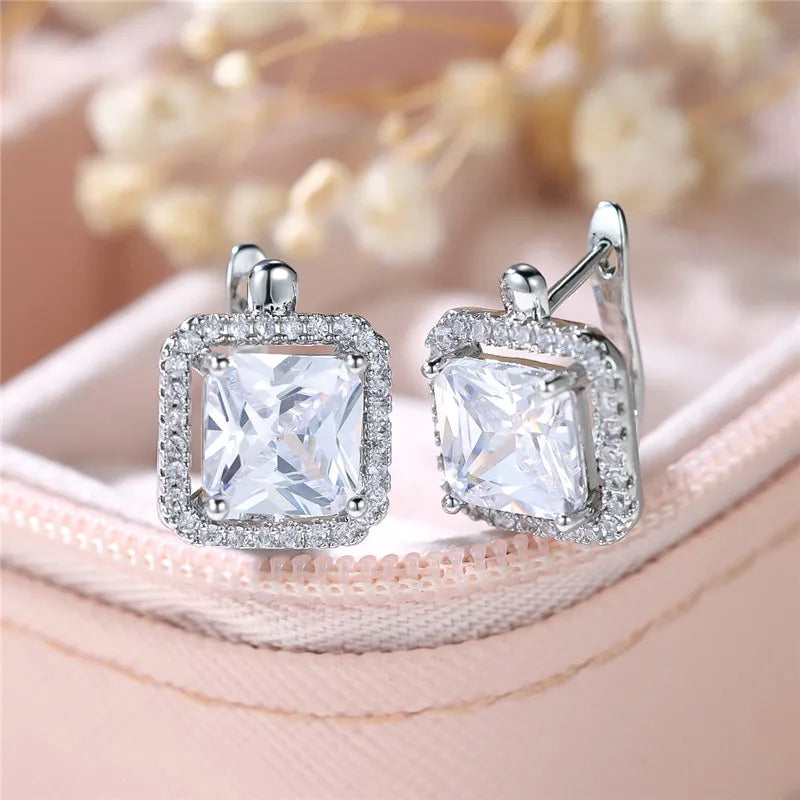 Female Luxury Green Square Zircon Stone Clip Earrings Charm Silver Color Wedding Jewelry For Women