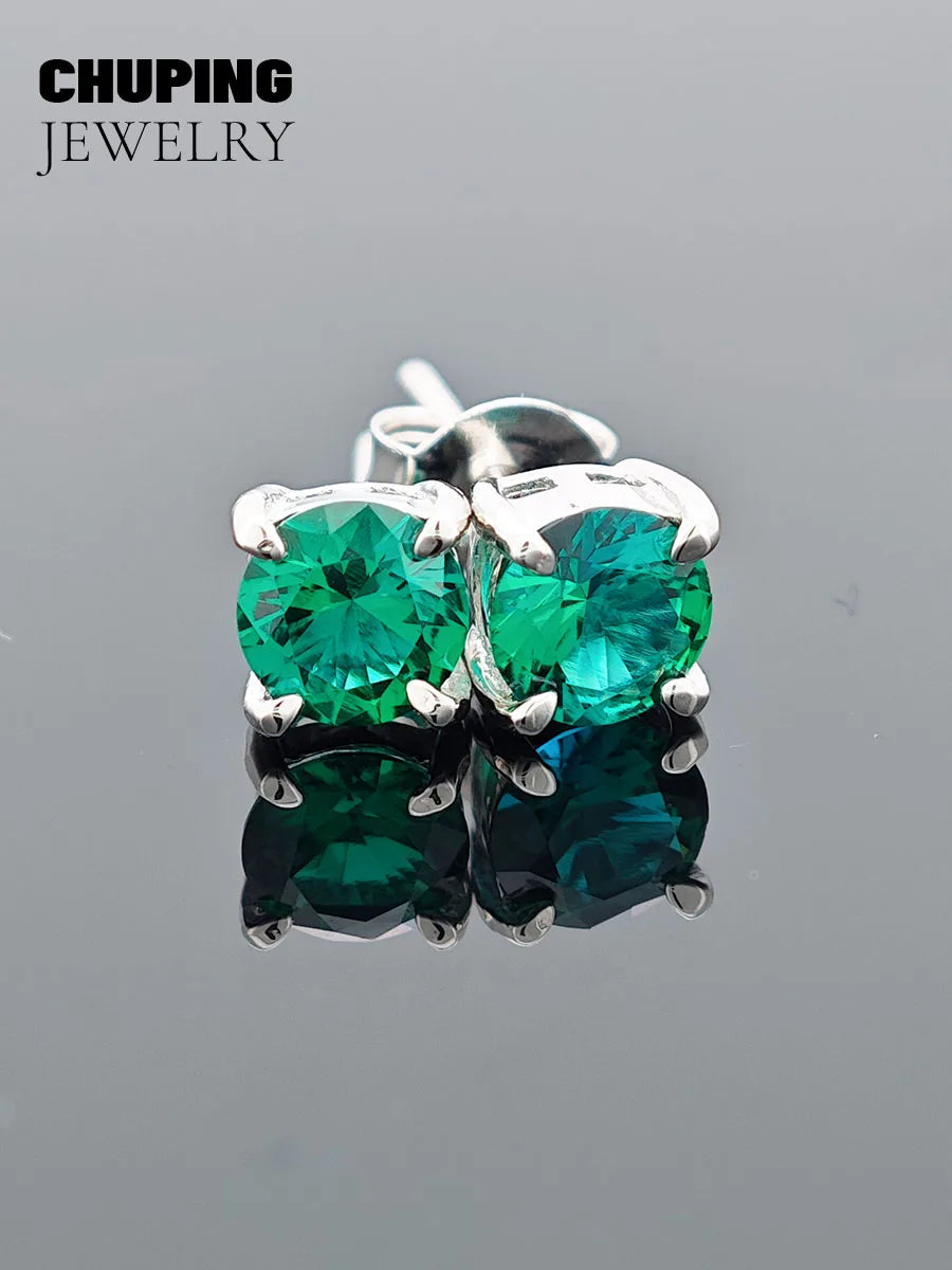 ChuPing Fine Jewelry Lab Grown Emerald Round Shape S925 Silver Earring for Women Evening Party Valentine's Day Or Birthday Gift