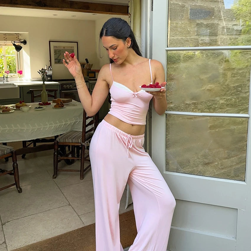 Hiloc Cute Woman Pink Spaghetti Strap Bow Top Suit Elastic Drawstring Floor-Length Pants Sets V-Neck Home Pullover Pajama Outfit