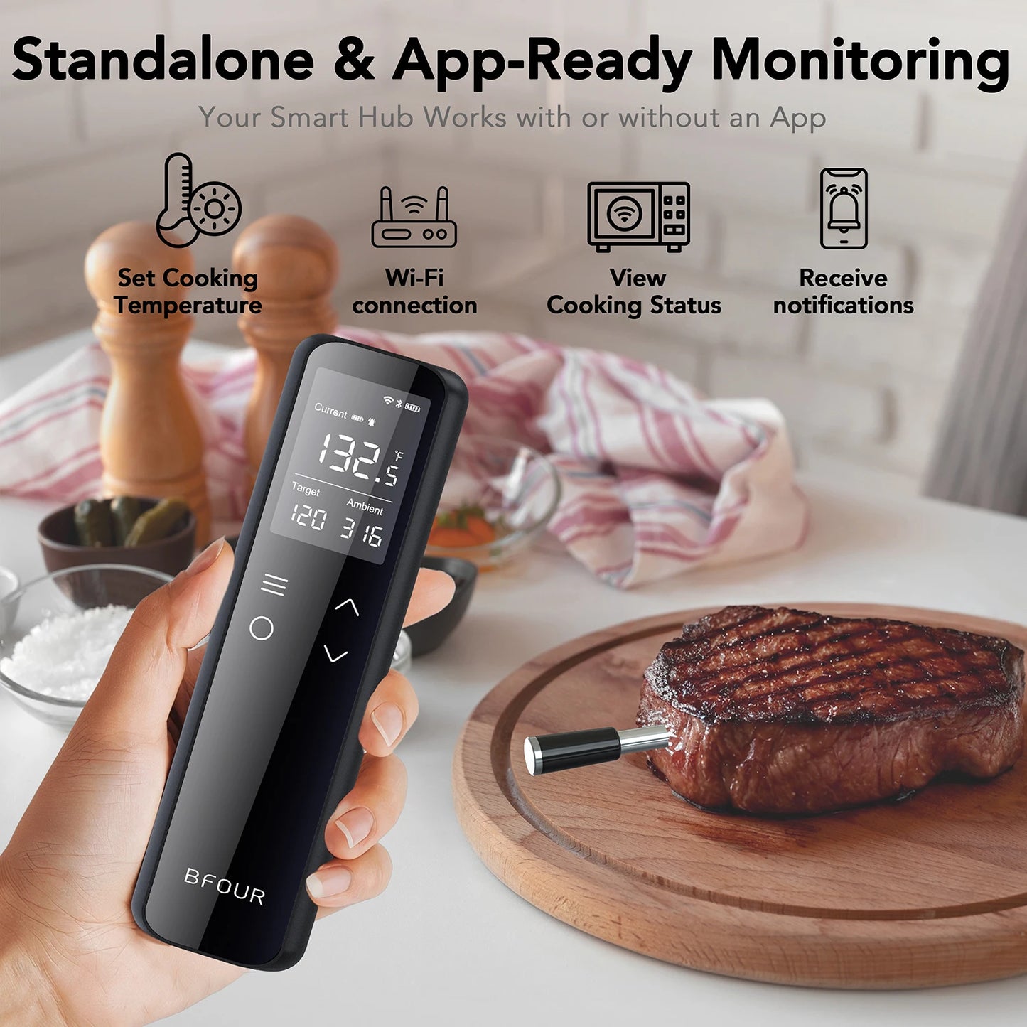 Meat Thermometer Wireless Bluetooth Probe with WiFi Unlimited Range Support APP Alarm Reminder for BBQ, Oven, Air Fryer