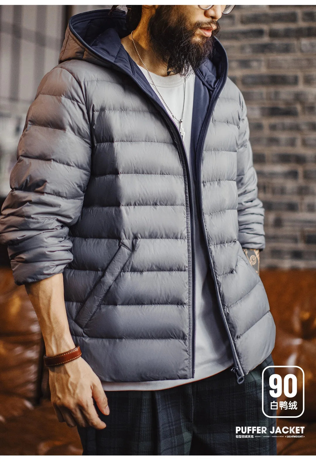 Maden Winter Men's Hooded Down Jacket Lightweight Hydrophobic White Duck Down Filling Coat Warm Inner Layer for Fall Winter