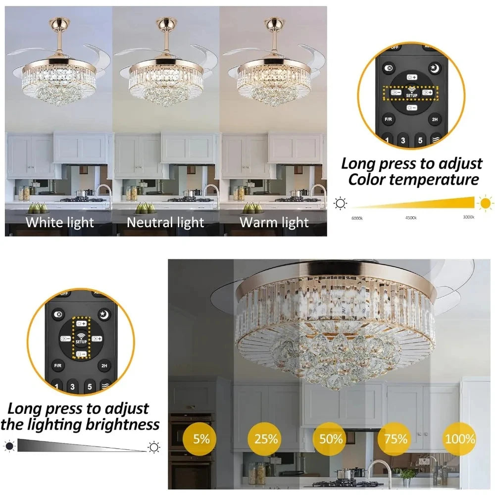 Reversible Chandelier Crystal Ceiling Dimming Modern Ceiling Fan Remote Control Retractable Invisible Blades  Fan with Stepless