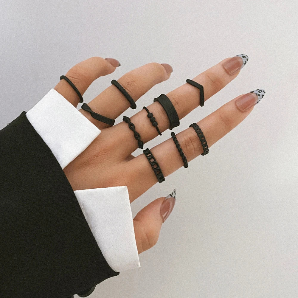 Punk Black Finger Rings For Women Men Simple Chain Ring Set Fashion Rings 2026 Trend Friend Gifts Party Knuckle Jewelry Party