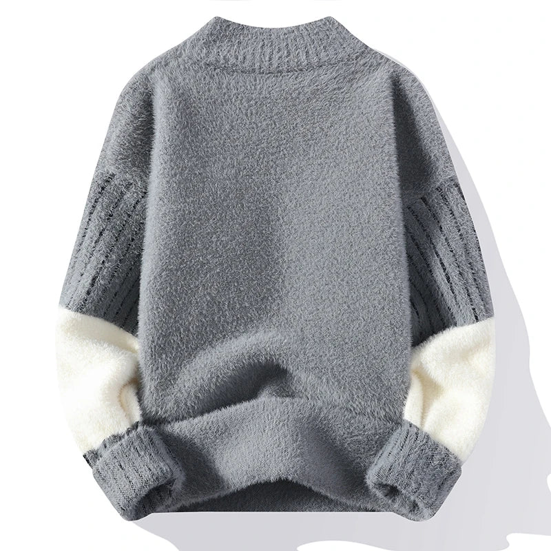 Thickened Winter Semi High Neck Knitted Sweater with Anti Pilling Splicing Men's Casual Long Sleeved Bottom Printed Pullover