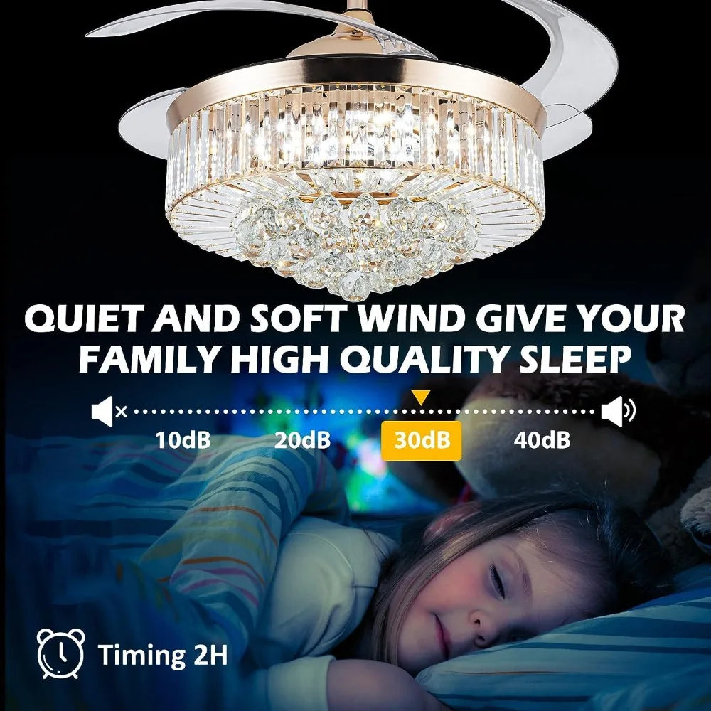 Reversible Chandelier Crystal Ceiling Dimming Modern Ceiling Fan Remote Control Retractable Invisible Blades  Fan with Stepless
