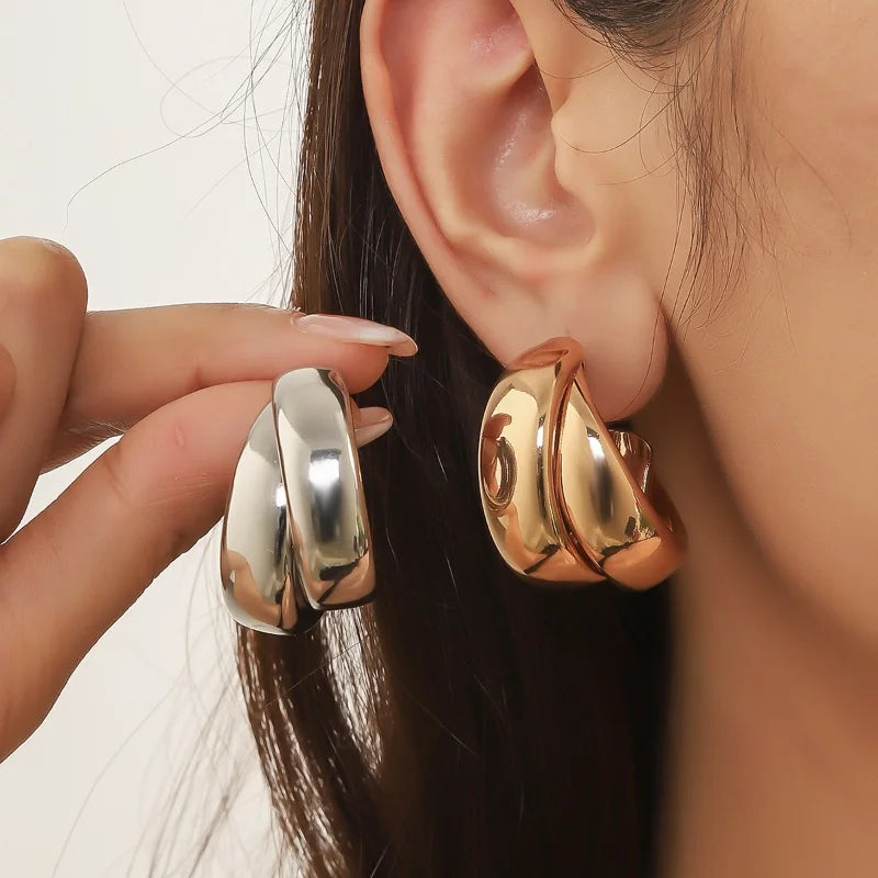 C Shaped Chunky Hoop Earrings for Women Girls Gold Color Double Ring Thick Geometric Drop Earrings Statement Jewelry Gift