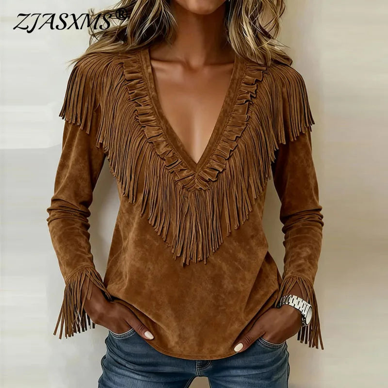 Sexy Deep V Neck Hollow Tassel Blouses Woman Casual Solid Suede Retro Tops Shirt New Spring Autumn Long Sleeve Pullover Harajuku