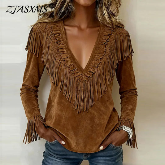 Sexy Deep V Neck Hollow Tassel Blouses Woman Casual Solid Suede Retro Tops Shirt New Spring Autumn Long Sleeve Pullover Harajuku