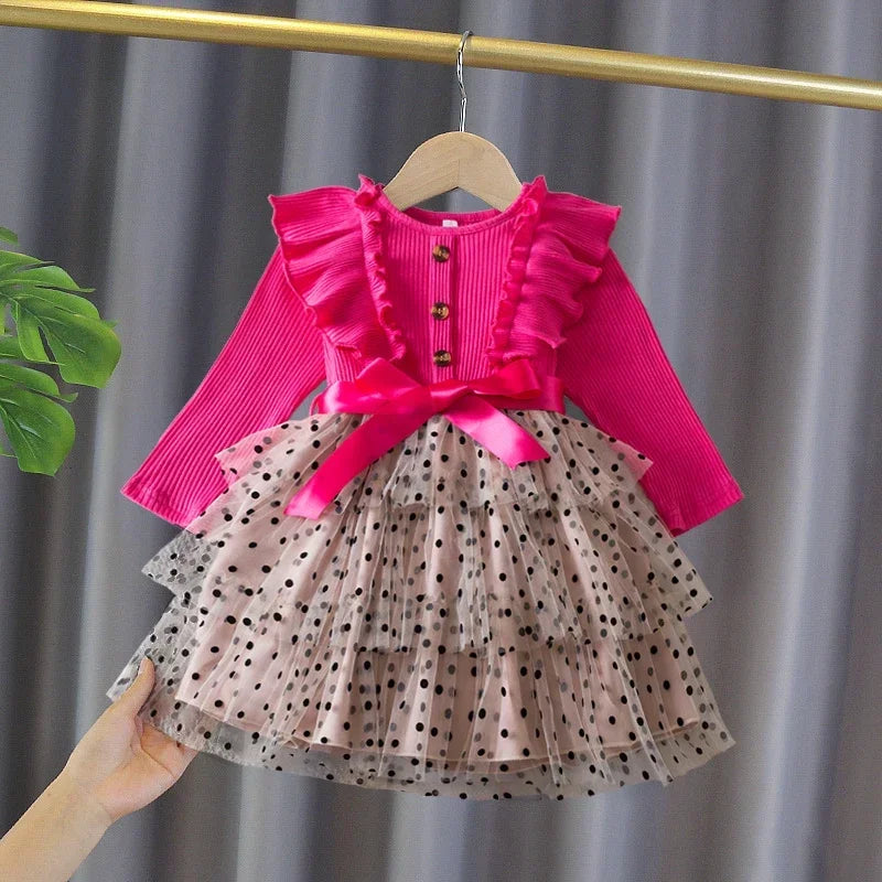 2025 New Kids Dresses for Girls Long Sleeve Fall Dress Polka Dot Birthday Party Costume Autumn Winter Dress Children Clothing