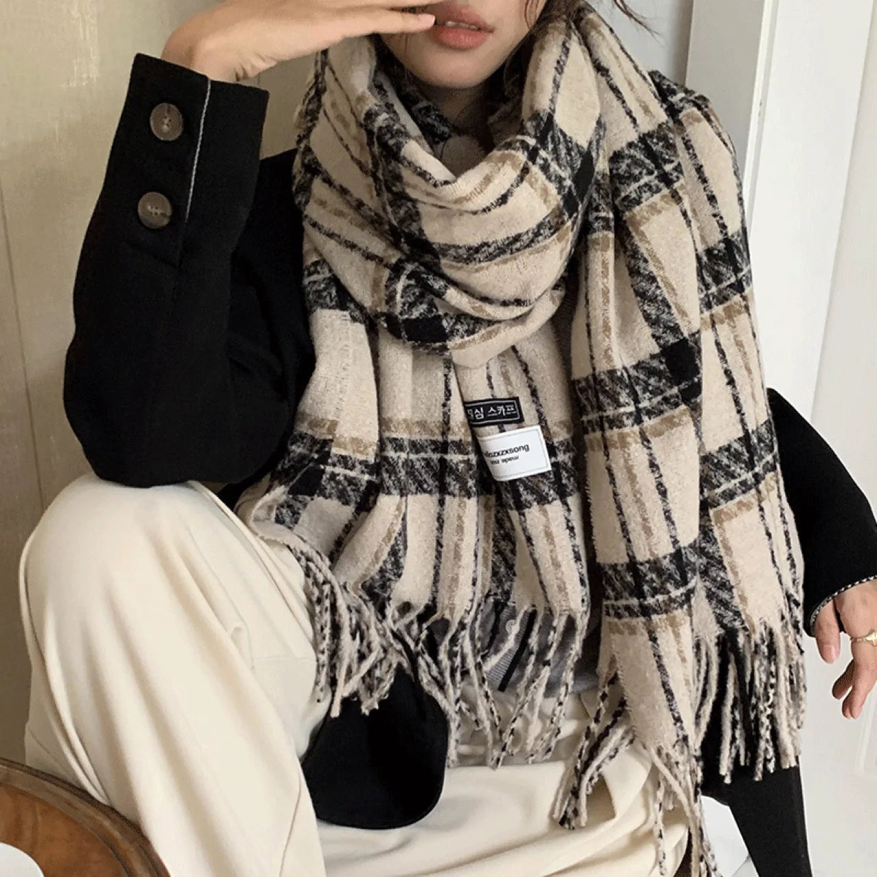 Autumn New Korean Style Warm Scarf Woman Plaid Elegant Shawl Girl Holiday Party Red Casual Preppy Winter Scarf