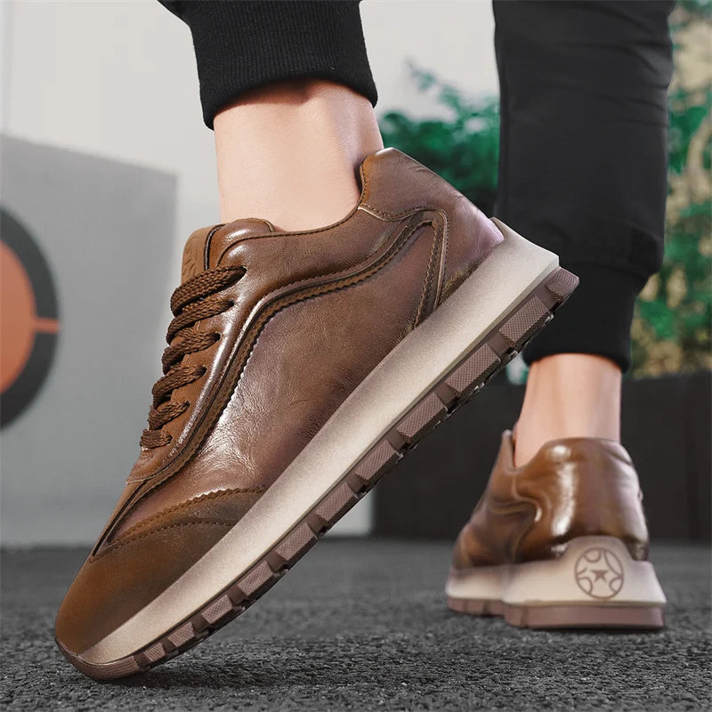 Classic Leather Casual Sneakers Men Comfortable Men's Spring Autumn Sneakers Platform Shoes Lace Up Brown Black Footwear 2025