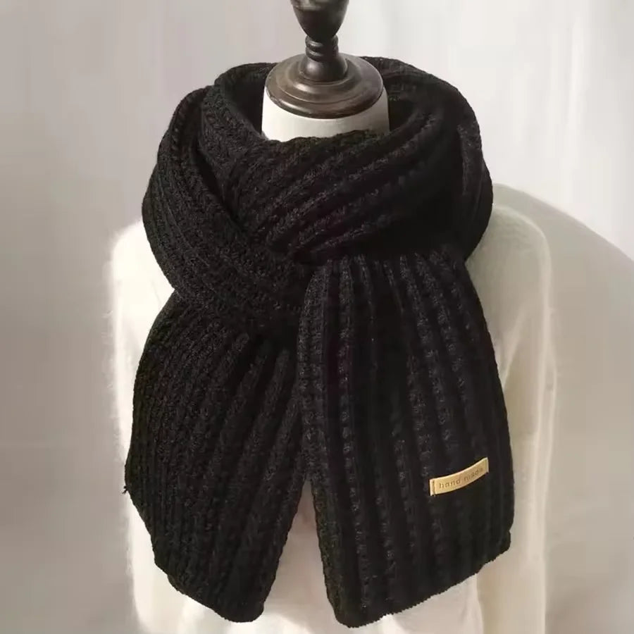 New Korean Style Thick Warm Metal Logo Long Scarf Winter Knitted Solid Color Womens Scarf