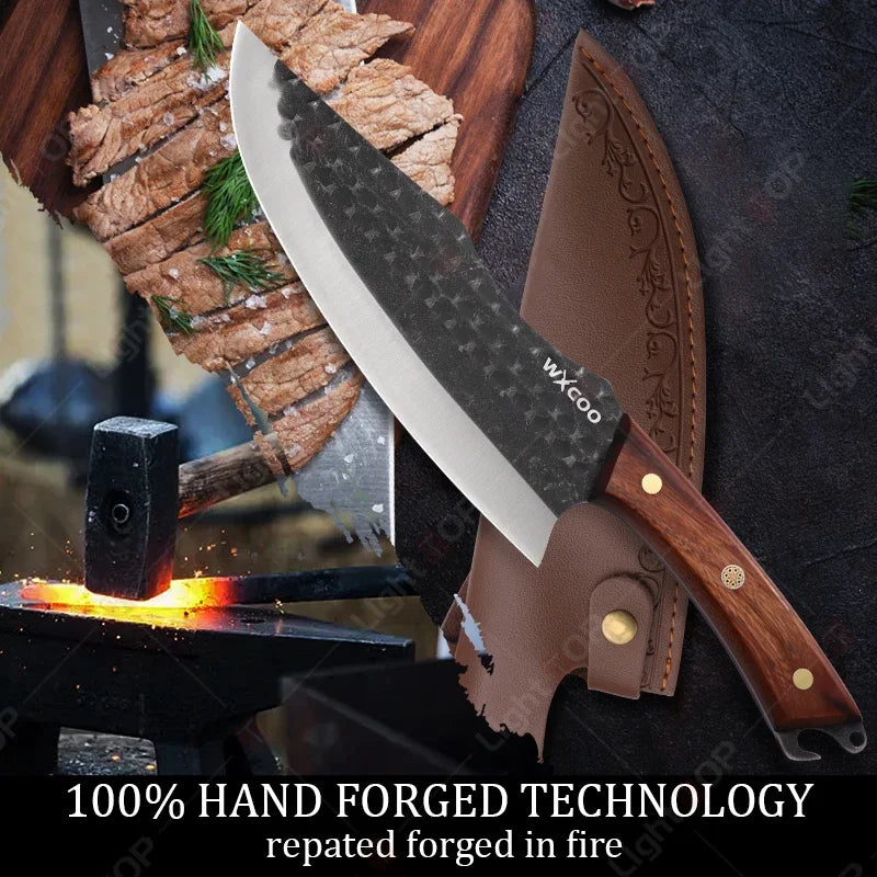 Kitchen Knife Supplies Forged Butcher Knife Fruit Slicing Bottle Opener Knife Multipurpose BBQ Cooking Chef Knife Wood Handle