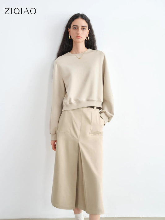 ZIQIAO Autumn 2025 Women's Round Neck Pullover Sweatshirt - Korean Style Loose Fit Casual Solid Color Daily Wear Basic Top