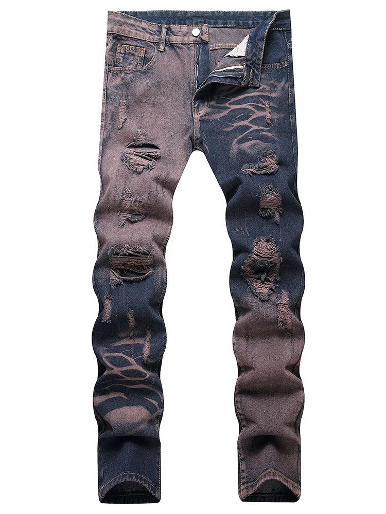 Purple Ripped Men's Jeans Spring Summer Slim Fit Straight Hole Cotton Denim Pants Distressed Destroyed Streetwear 28-40