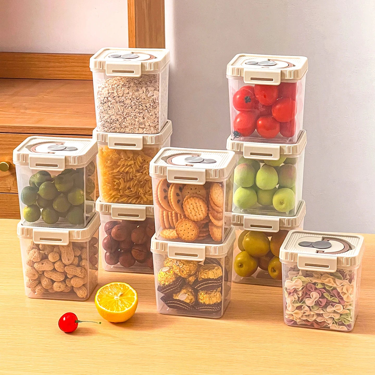 Clear Plastic Food Storage Box Portable Moisture Proof Sealed Snacks Grain Storage Container Drain Fruit Box Kitchen Organizer