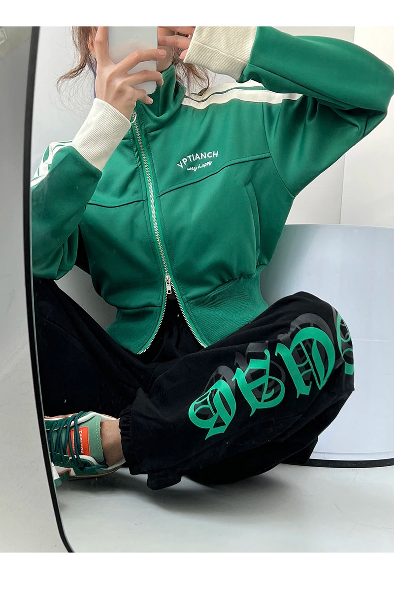 [YOZOU] Spring Double Zipper Baseball Cropped Jacket Women Outerwear Embroidered Striped Green Black White Blue Zip Up Coat