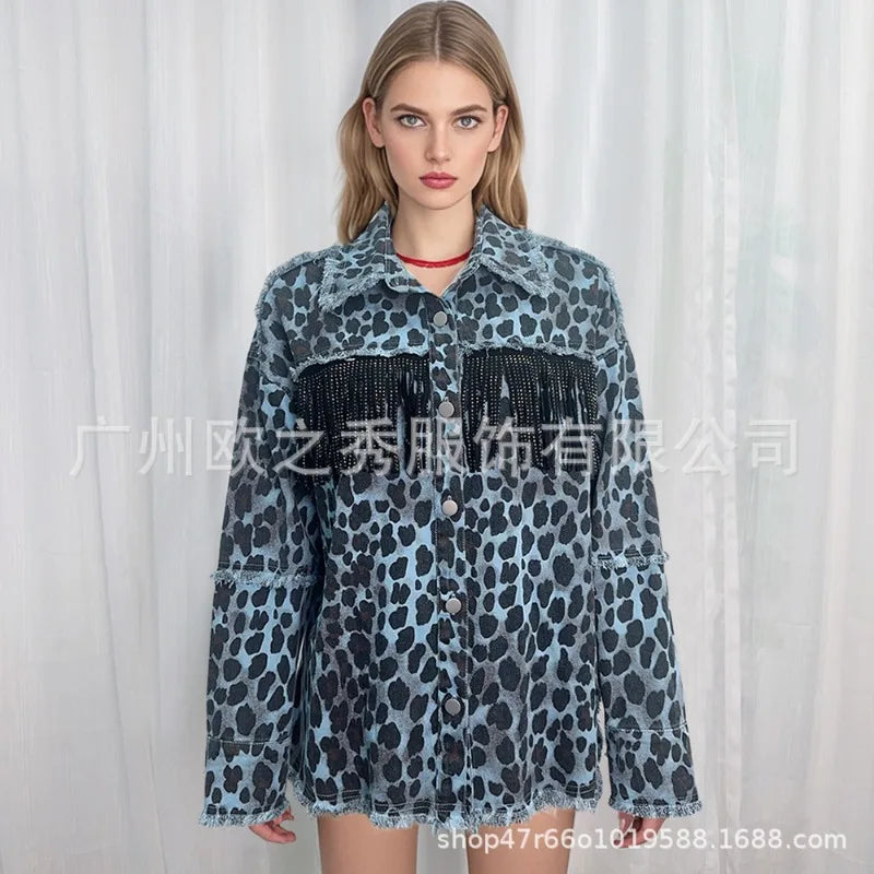 Women Spring Diamonds Beaded Tassels Washed Old Leopard Printed Denim Jacket Fringed Jeans Coat Cowboy Cardigan Streetwear Tops
