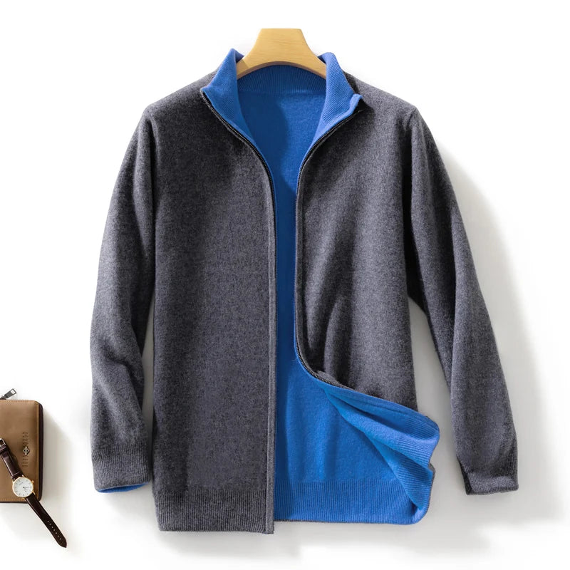 Men 100% Merino Wool Sweater Zipper Cardigan Wear Both Sides Autumn Winter Thick Warm Casual Cashmere Jumper Knitwear Coat Tops