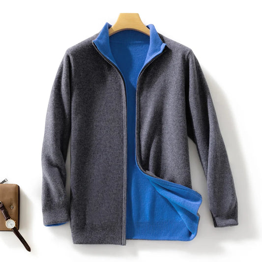 Men 100% Merino Wool Sweater Zipper Cardigan Wear Both Sides Autumn Winter Thick Warm Casual Cashmere Jumper Knitwear Coat Tops