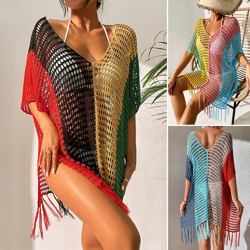 Knitted Contrast Tassel Bikini Summer Beach Cover Up Sexy Hollow Out Women V Neck Loose Beachwear Sunscreen Smock