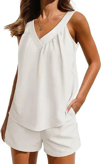 New Summer Women's 2-piece Set Pink V-neck Vest Elastic Pocket White Stylish Black Shorts Set
