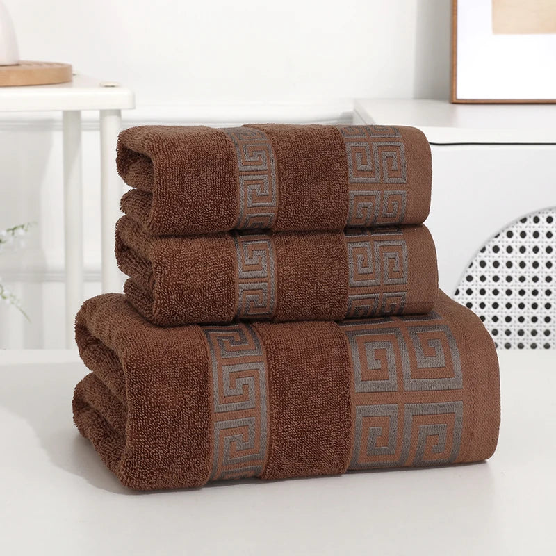 3pcs Set Cotton Towel 2pcs Hand Towel 34x74cm and 1pcs Big Bath Towel 70x140cm Blue White Brown Geometric Embroidered Gift Towel