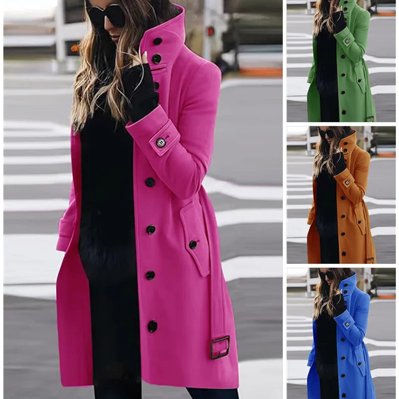 Women's Wool Blend Coat Winter Warm Single Breasted Jacket with Turn-down Collar Long Outerwear Female Clothing