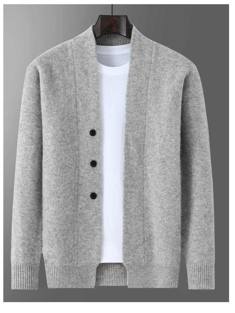 2025 Autumn Winter New Thick Cardigan 100% Pure Wool Men's Versatile Jacket V-Neck Loose Casual Highend Knitted Cashmere Sweater